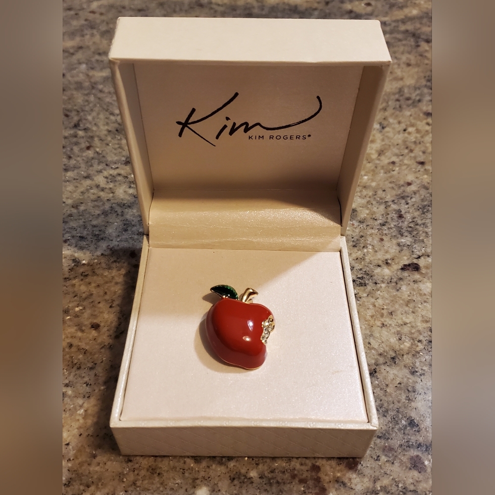 Vintage Silver Tone Red Enamel Clear Rhinestone APPLE Brooch Pin KIM ROGERS